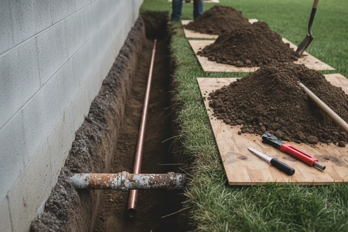 Excavated water line trench during Sewer Line Repair in Mendham